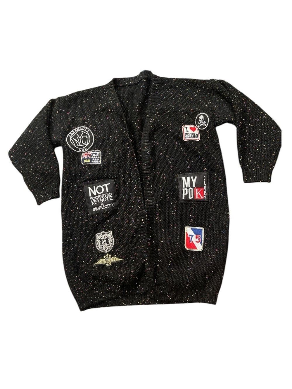 Patchwork Statement Cardigan S/M Navy Waffle Knit Open Front Vintage Patches